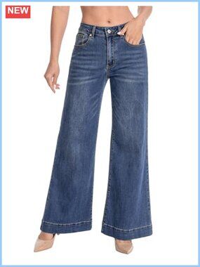 Wide Leg High Waisted Jeans Cotton Blend Pull On 5 Pocket Denim Pants